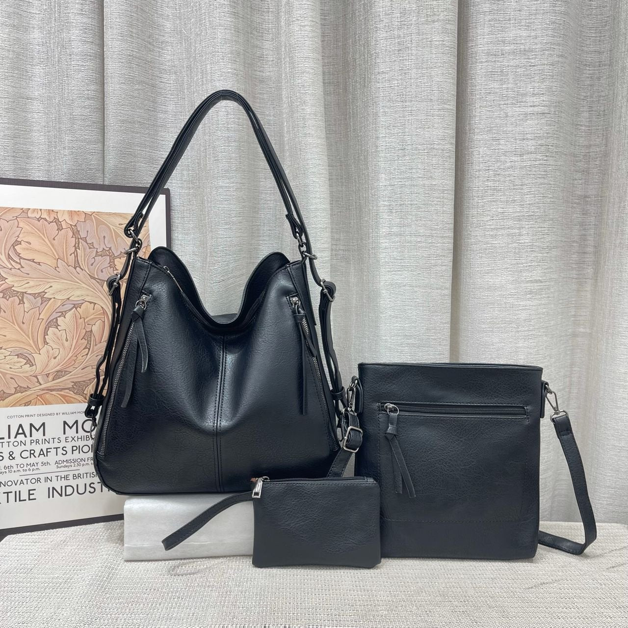 Set Of 3 Black Light Weight Pu Leather Handbag Combo For Women