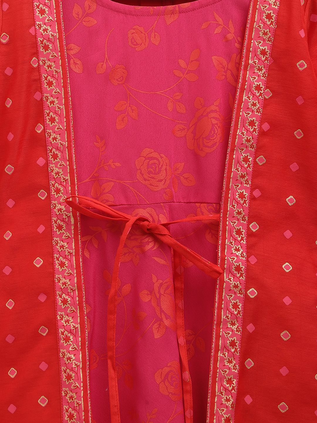 Dark Pink Crepe Printed Girls Dress with Attached Jacket