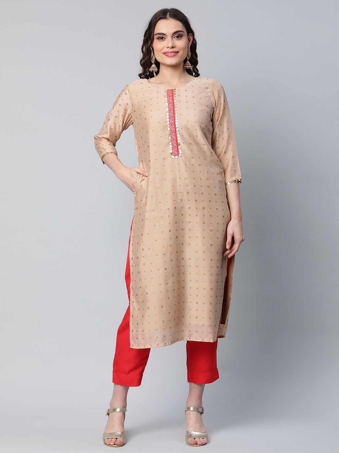 Beige & Red Chanderi Printed Kurta Pant Set