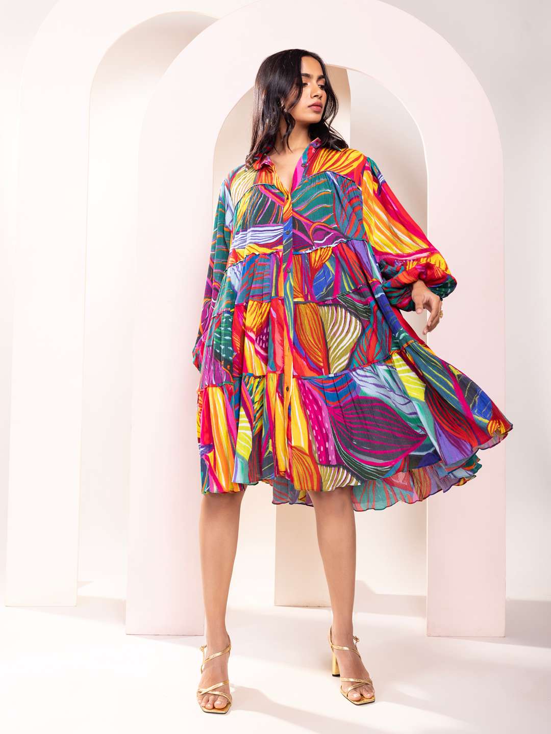 Leafora Printed Tiered Shirt Dress