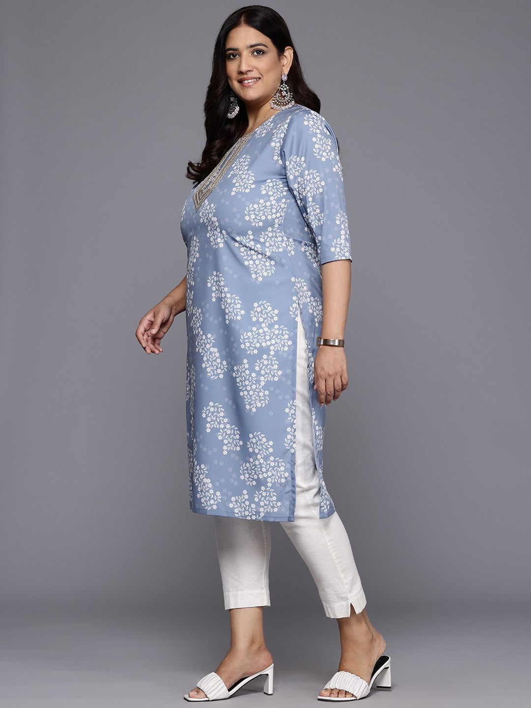 Plus Size Floral Printed Sequinned Crepe Kurta