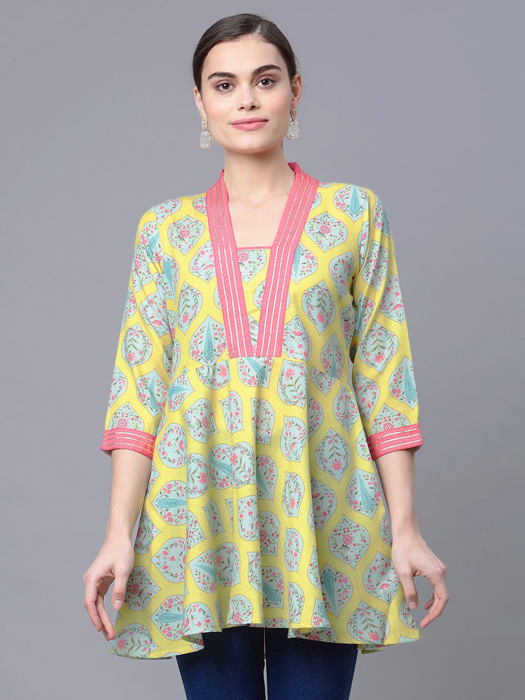 Lemon Yellow Digital Printed Pure Cotton Blend Tunic