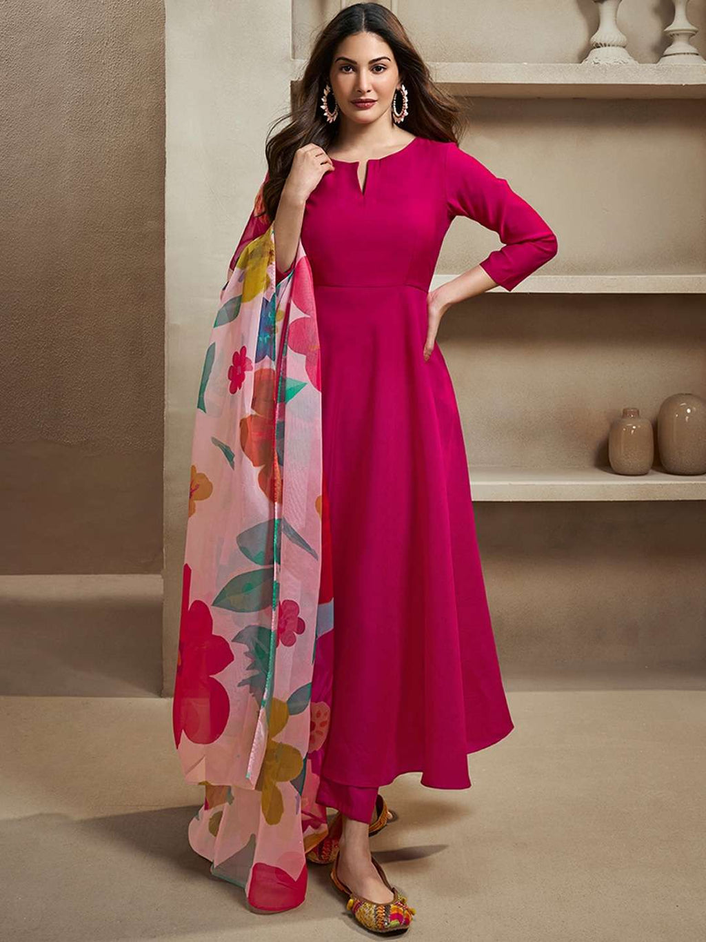 Amyra Dastur Magenta Notch Neck Floral Regular Pure Silk Anarkali Kurta with Trousers & Dupatta