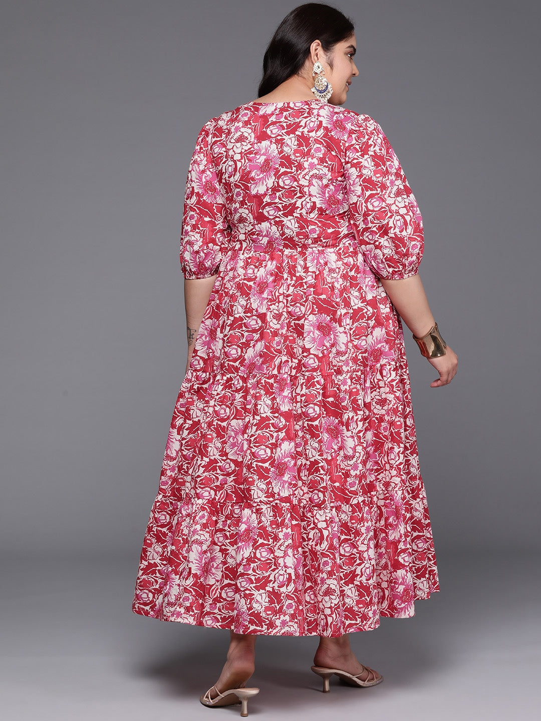 Plus Size Floral Printed Puff Sleeves Pure Cotton Maxi Ethnic Dress