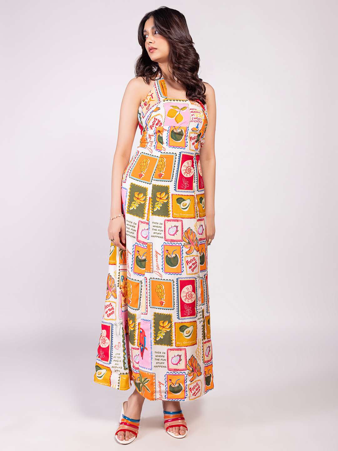 Stamp Printed Halter Neck Dress