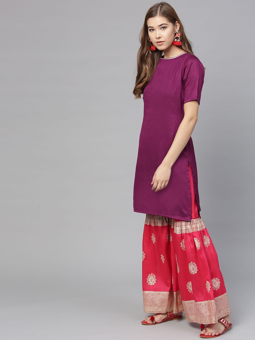 Women's Purple Poly Silk Solid Red Printed Sharara Set With Dupatta