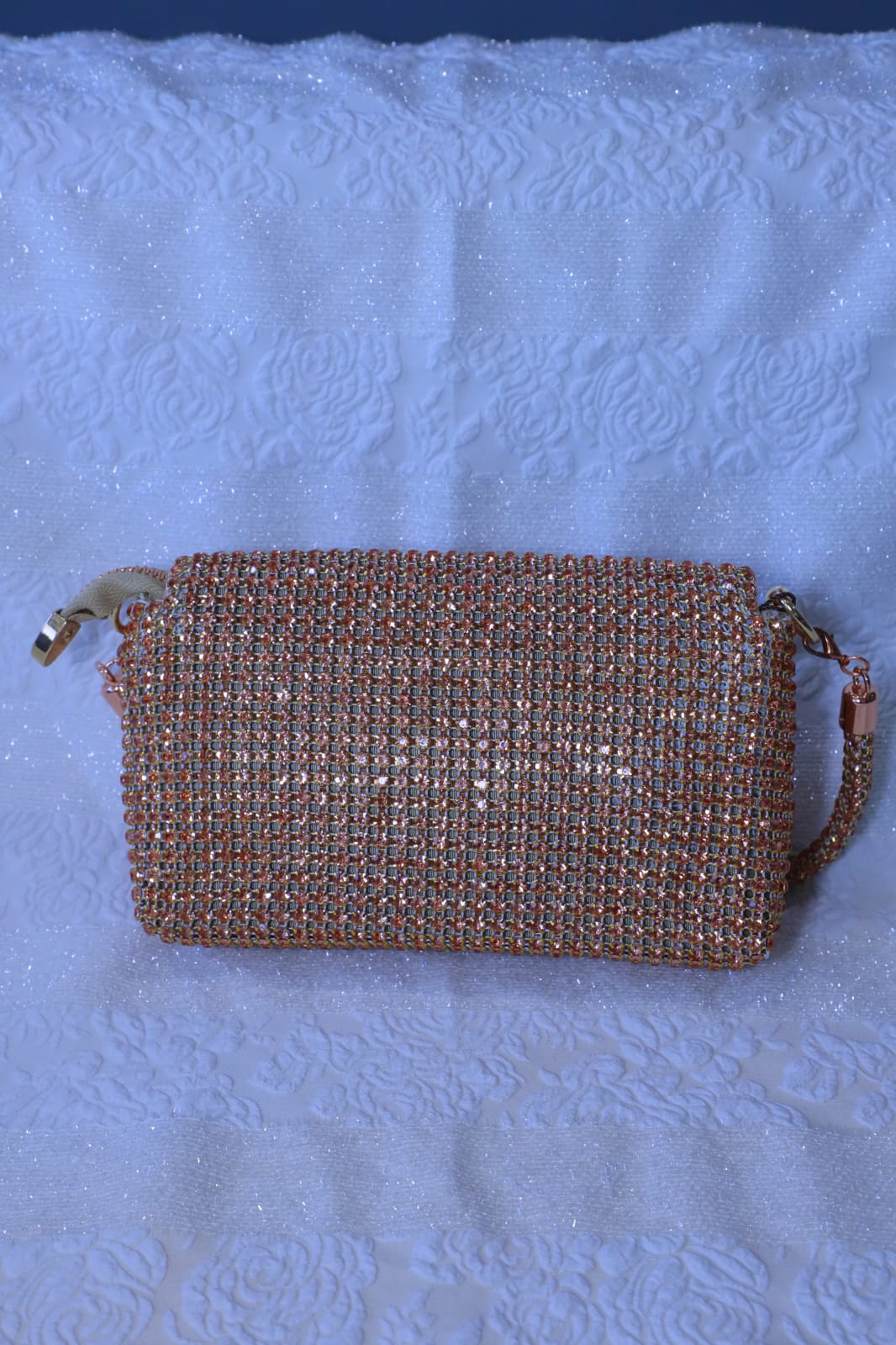 Swarovski Work Heavy Embroidery Rexin Flip Open Rose Gold Women Handbag