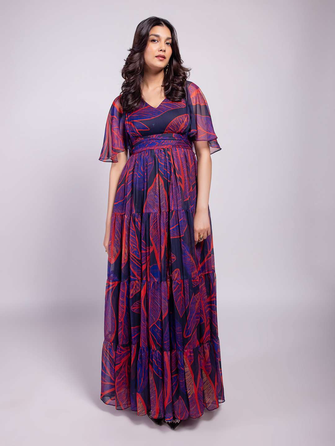 Foliage Printed Tiered Dress