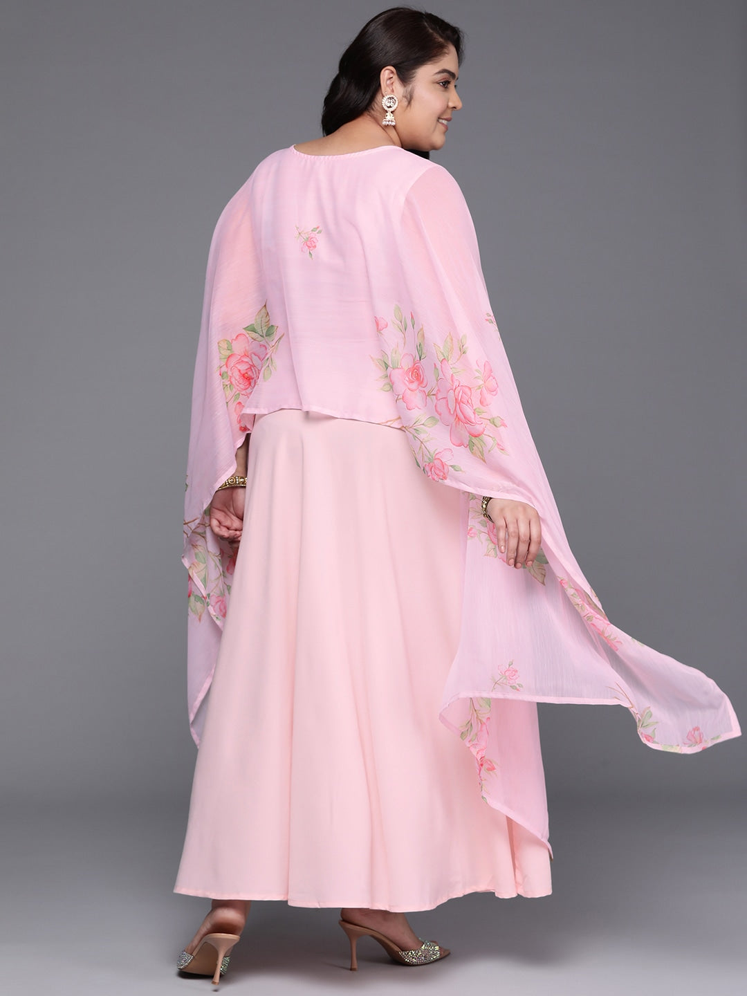 Plus Size Floral Printed Cape Sleeves Layered Ethnic Gown