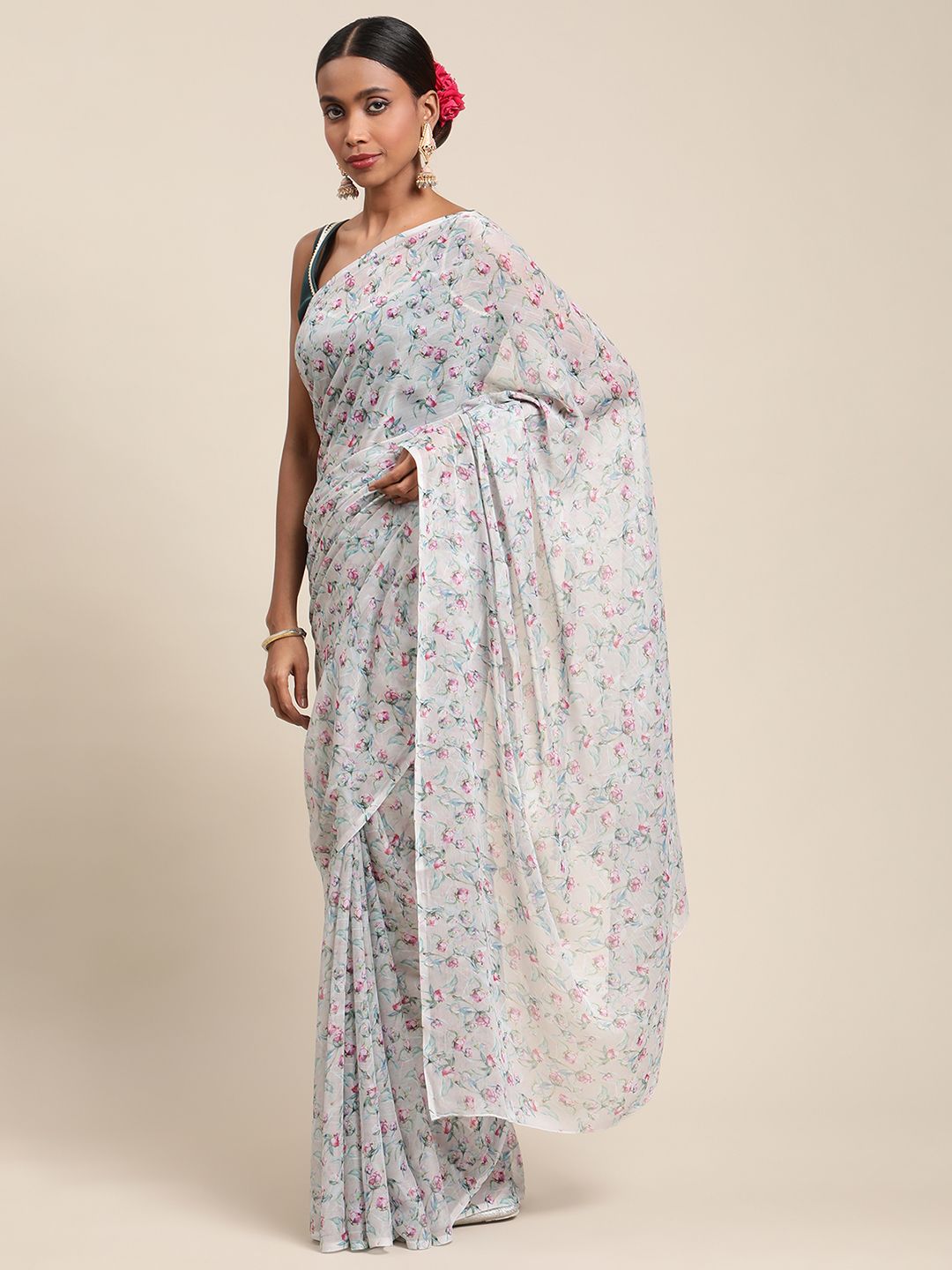 Grey Chiffon Digital Print Floral Saree