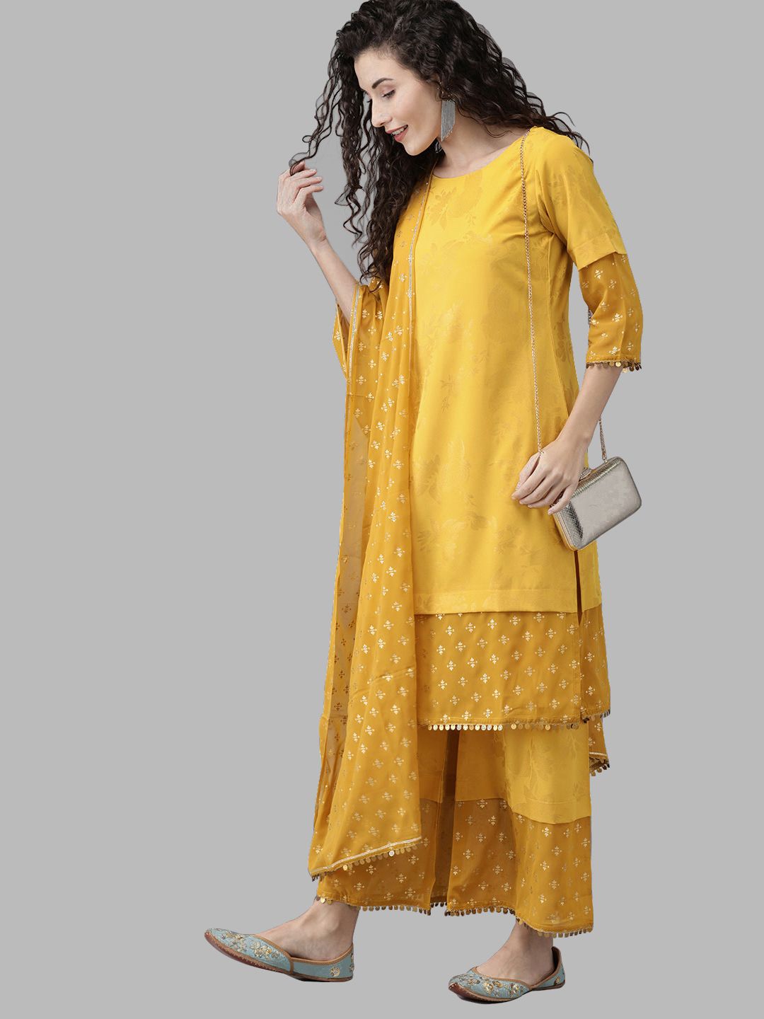 Mustard Yellow Printed Kurta Palazzo Set With Dupatta