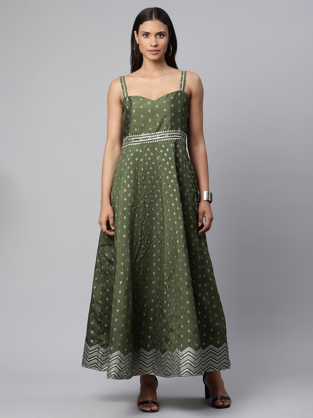 Olive Green Poly Silk Printed Dress