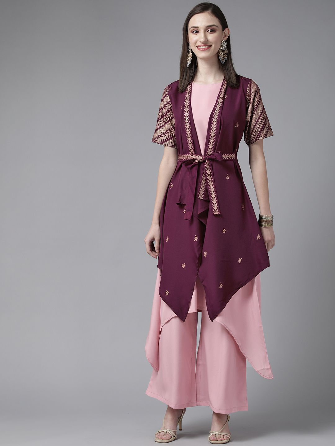 Rose Pink Crepe Kurta Palazzos Set With Burgundy Jacket