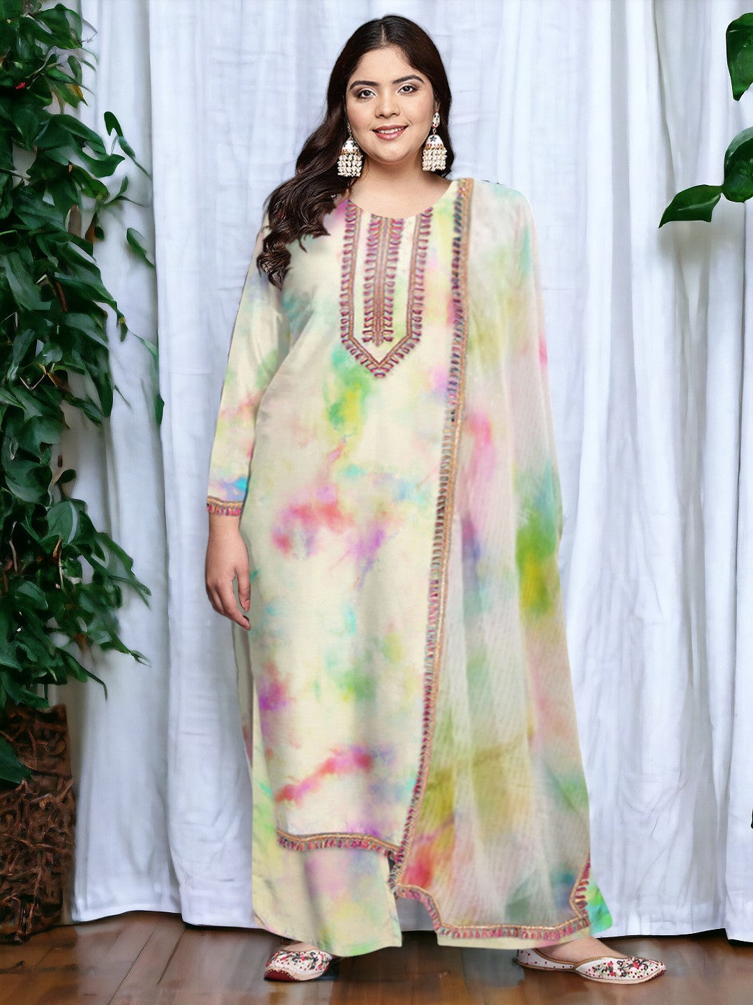 Tie and Dye Printed Plus Size Kurta with Palazzos & With Dupatta