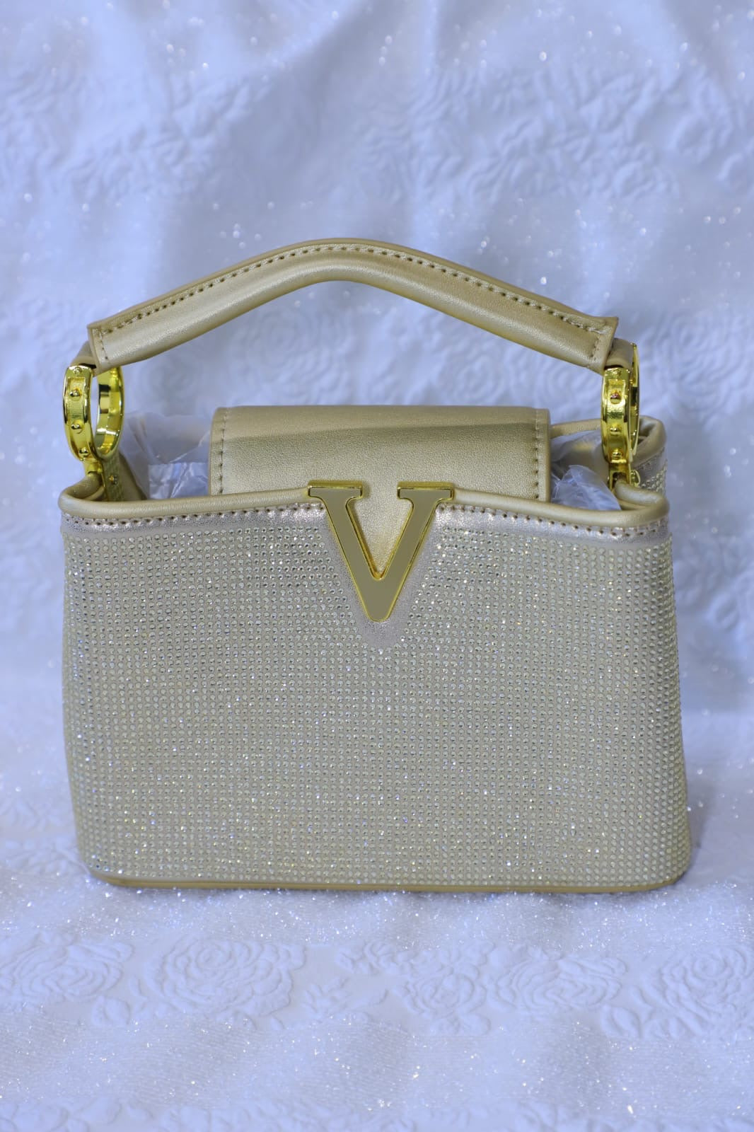 Swarovskiwork Heavy Embroidery Leather Touch Open Golden Women Handbag