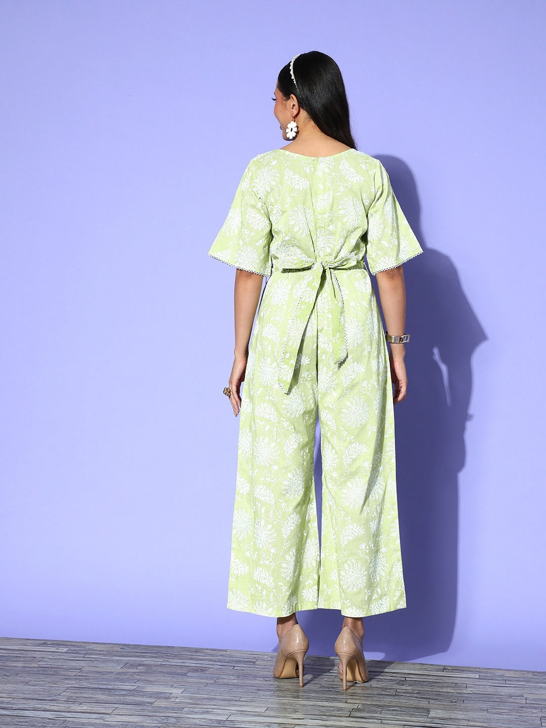 Green Printed Pure Cotton Waist Tie-Ups Jumpsuit