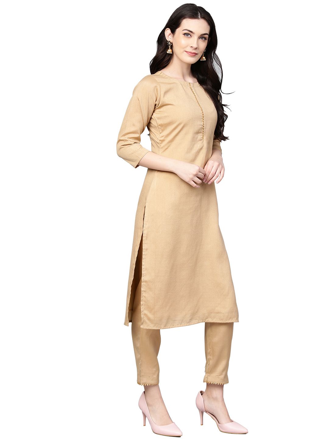 Beige Faux Silk Kurta Pant Set with Traditional Bandhani Print Dupatta