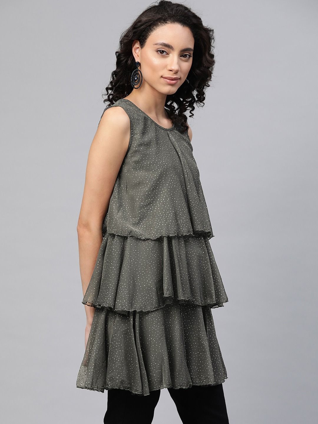 Grey Chiffon Silver Glitter Printed Tiered Tunic