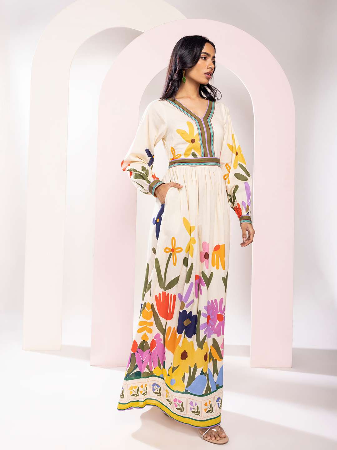 Folk Printed V Neck Maxi Dress