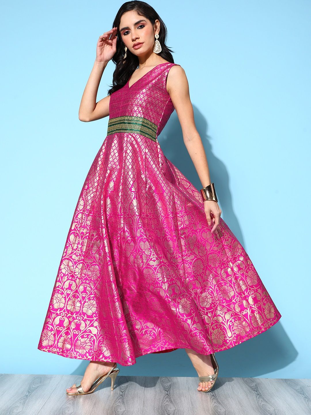 Pink Poly Silk Gold Foil Printed Dress