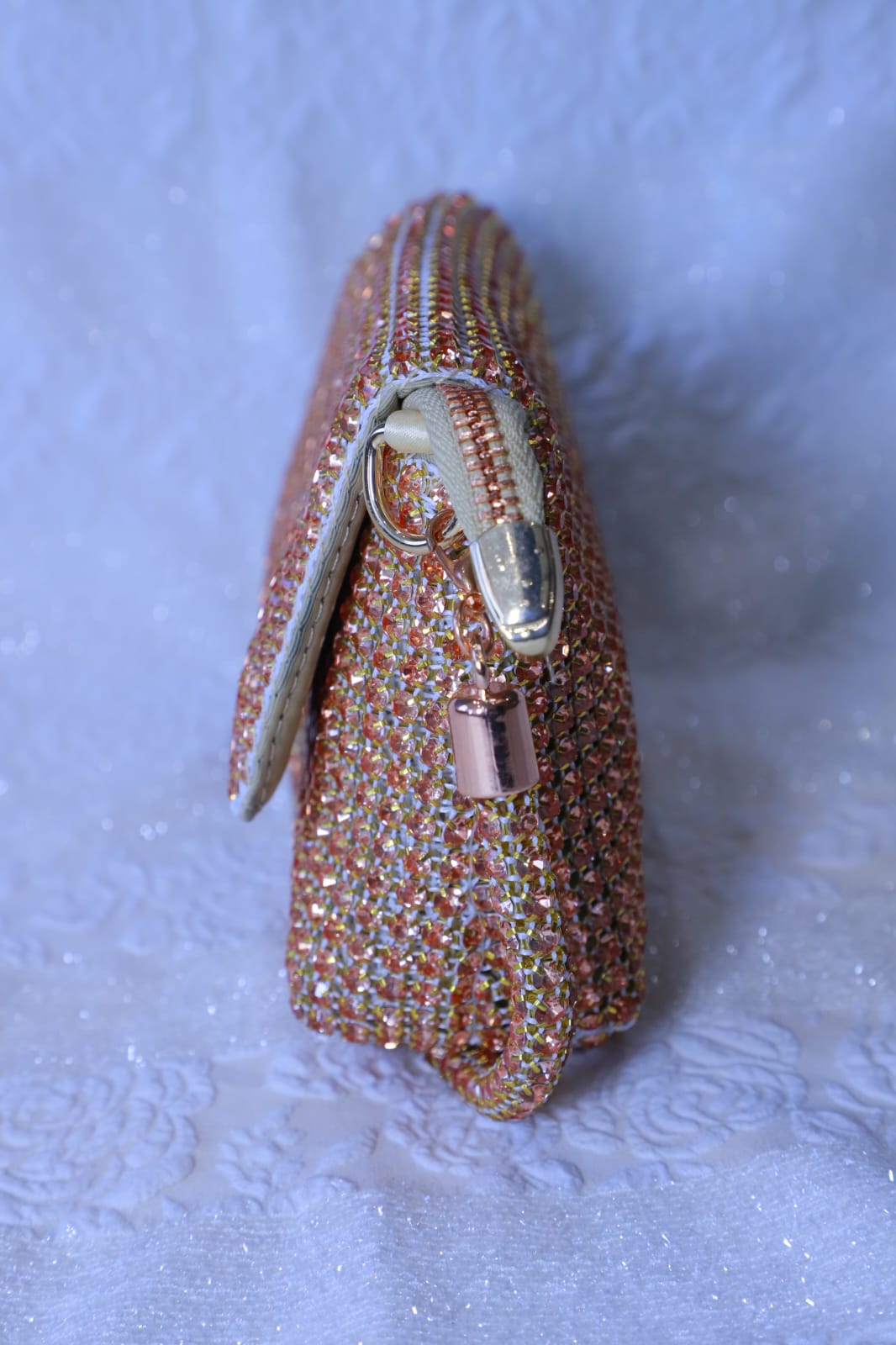 Swarovski Work Heavy Embroidery Rexin Flip Open Rose Gold Women Handbag