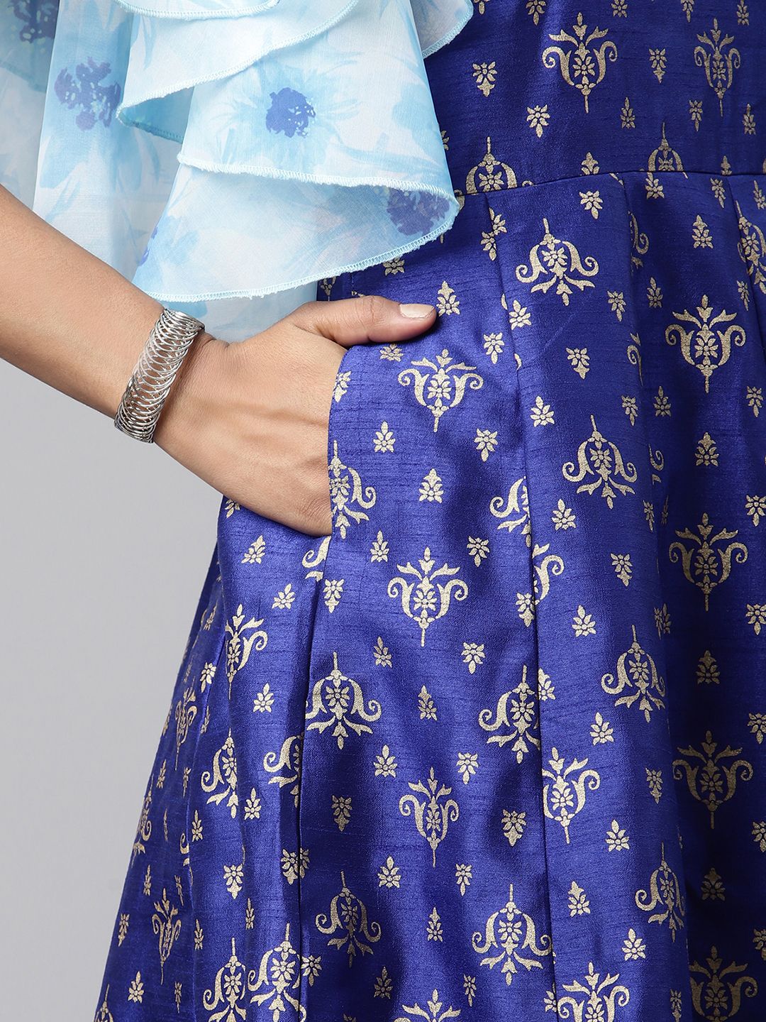 Royal Blue Poly Silk Gold Paste Printed Dress