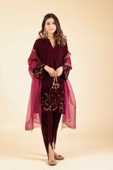 WINE VELVET SUIT WITH TULIP PANTS- II