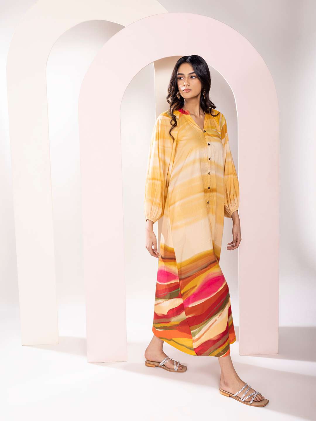Flow Printed Ankle length Shirt Dress