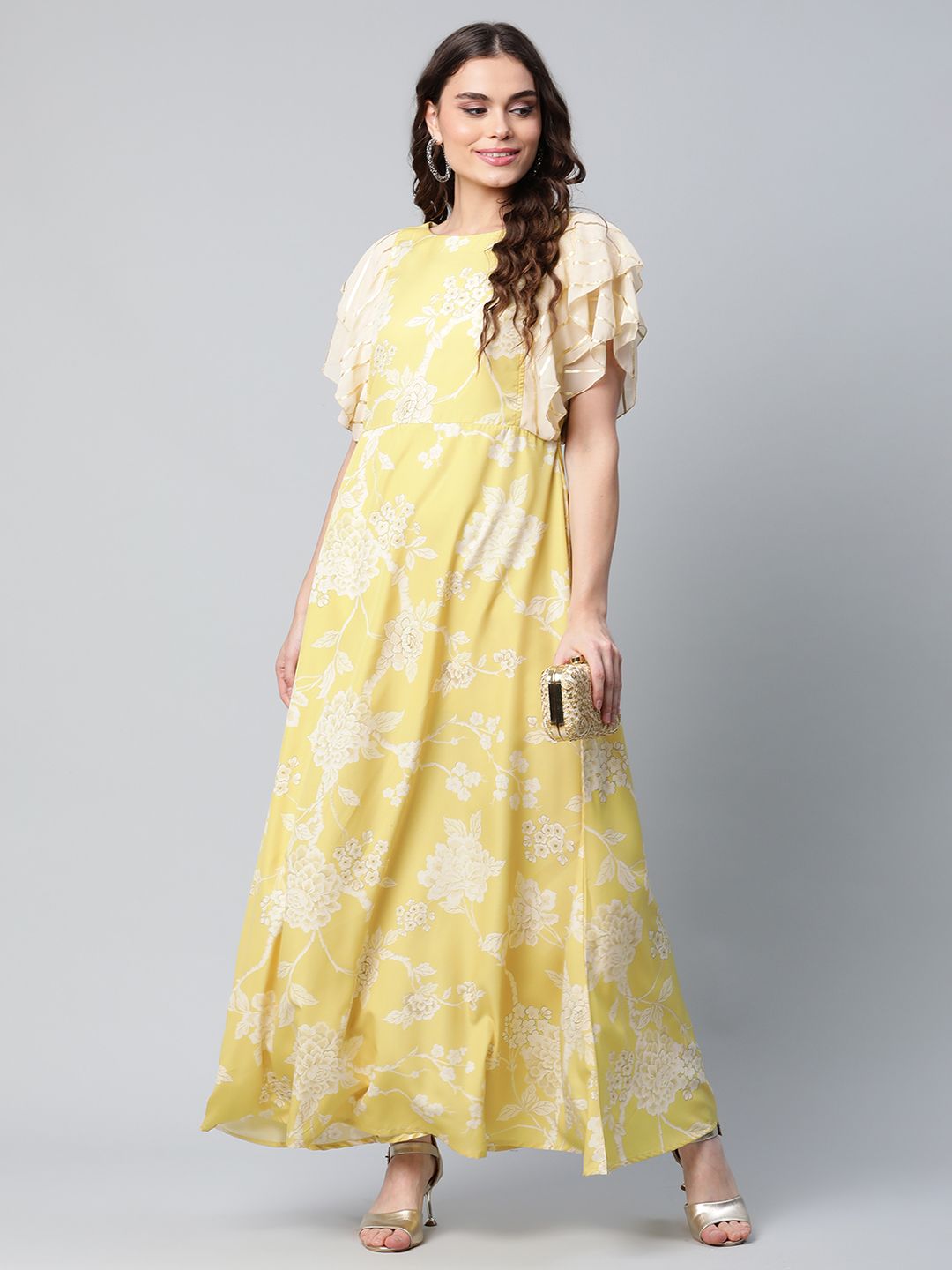 Lemon Yellow Crepe Floral Dress