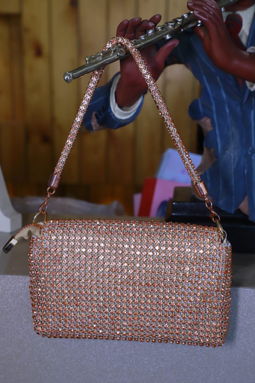 Swarovski Work Heavy Embroidery Rexin Flip Open Rose Gold Women Handbag