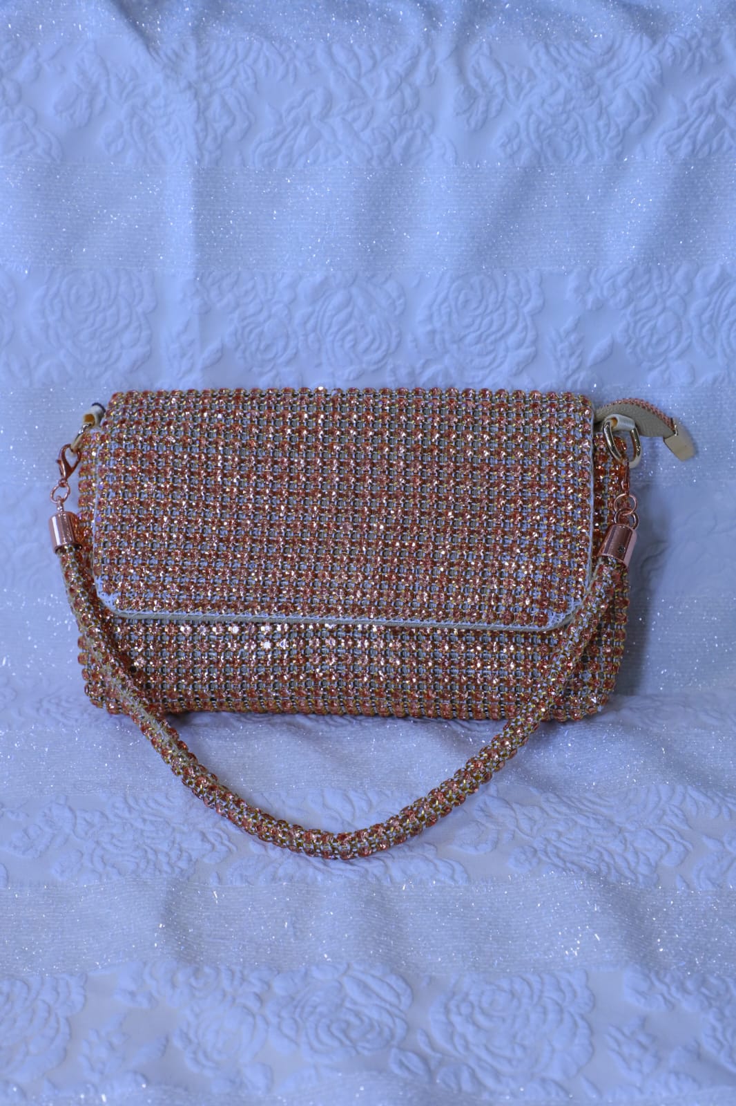 Swarovski Work Heavy Embroidery Rexin Flip Open Rose Gold Women Handbag
