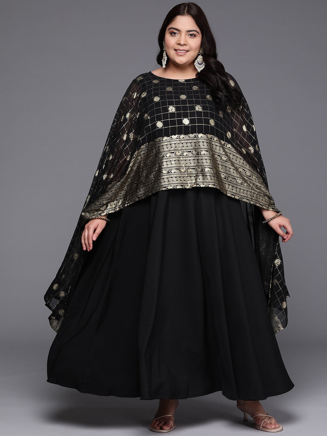 Plus Size Checked Cape Sleeves Layered Ethnic Gown