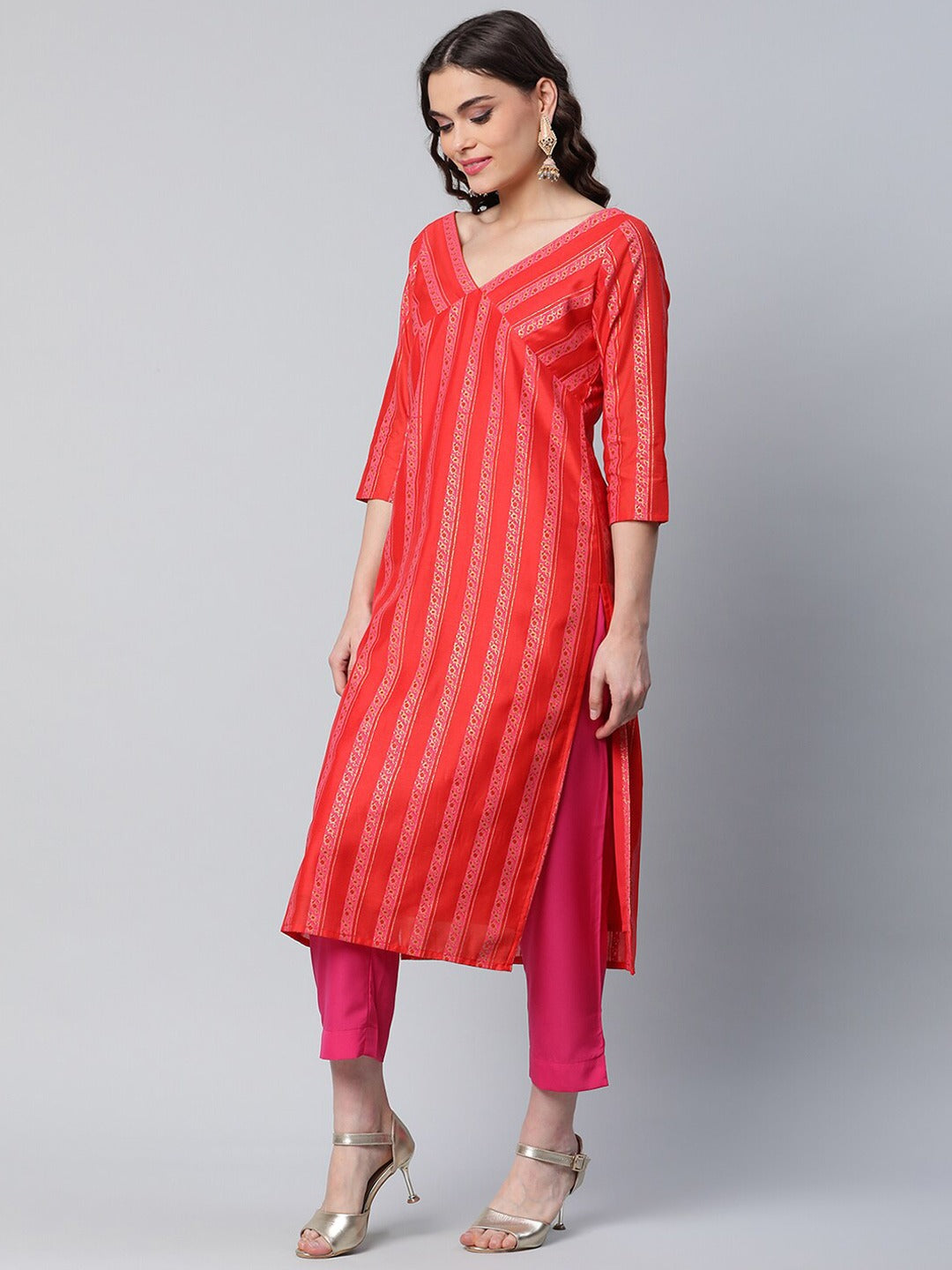 Red Striped Kurta with Trousers