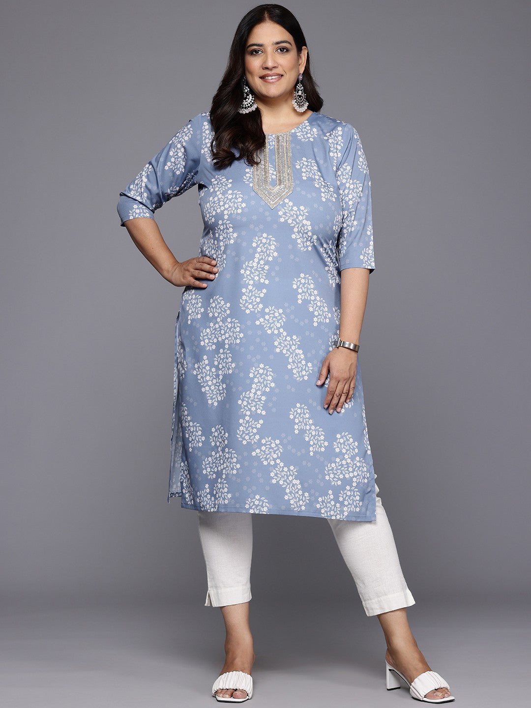 Plus Size Floral Printed Sequinned Crepe Kurta