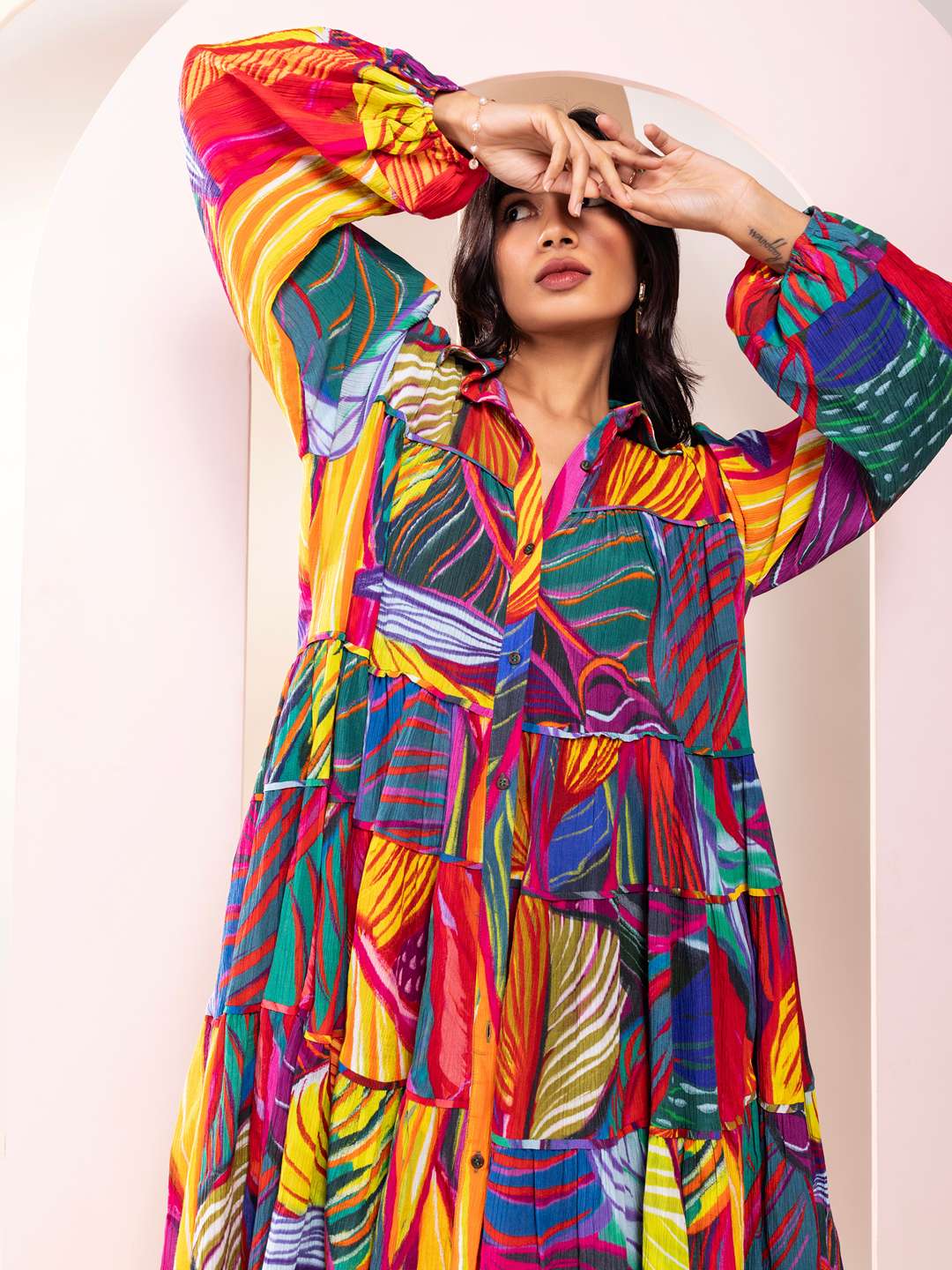 Leafora Printed Tiered Shirt Dress