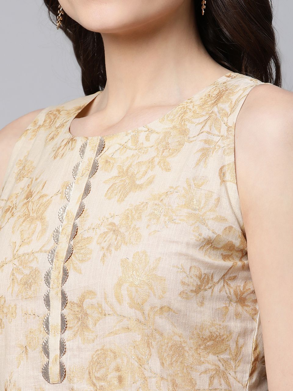 Beige & Gold Cotton Printed Tunic