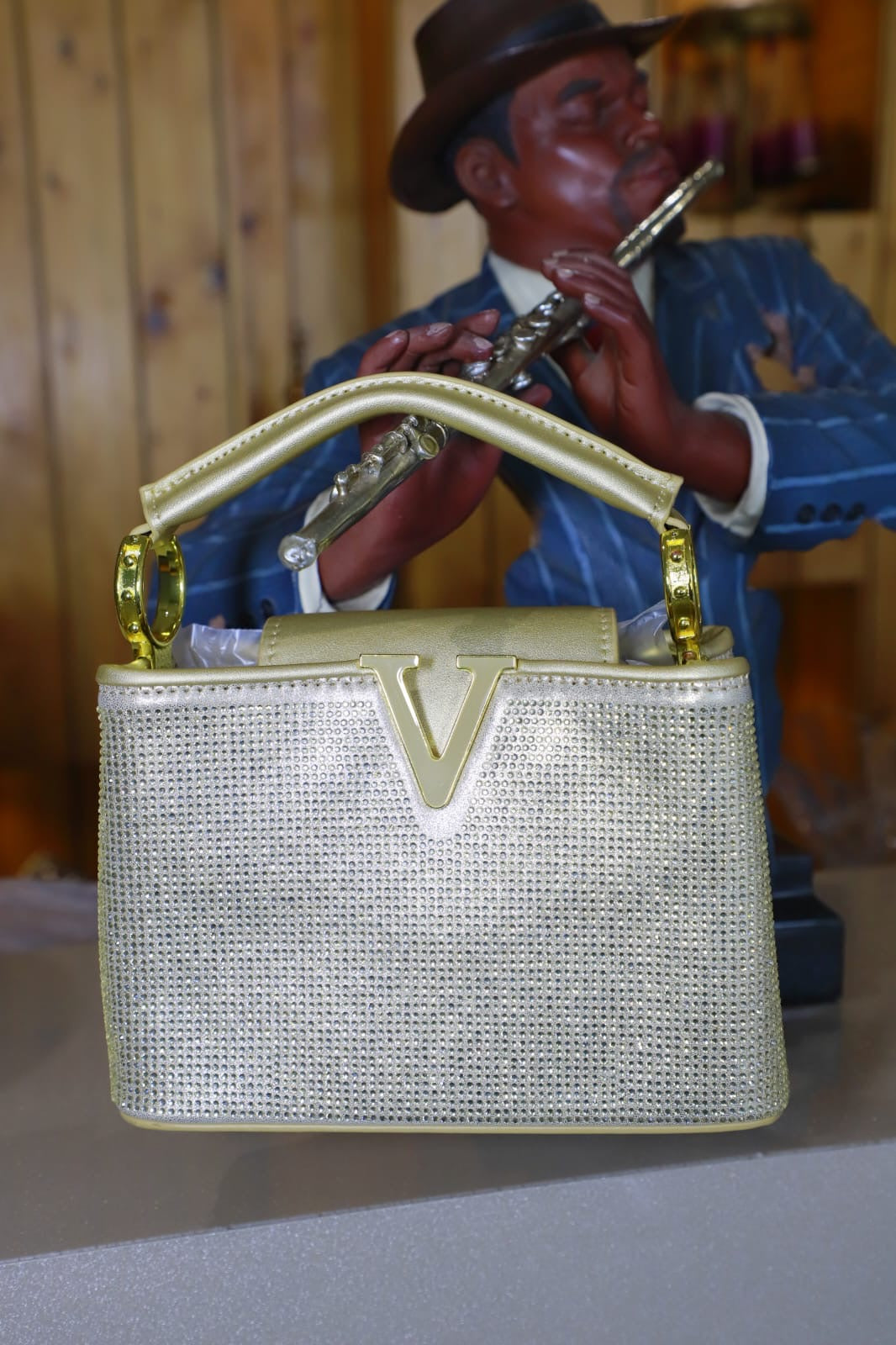Swarovskiwork Heavy Embroidery Leather Touch Open Golden Women Handbag