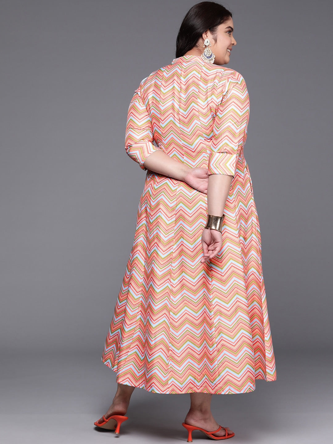 Plus Size Chevron Printed Mandarin Collar Midi Ethnic Dress