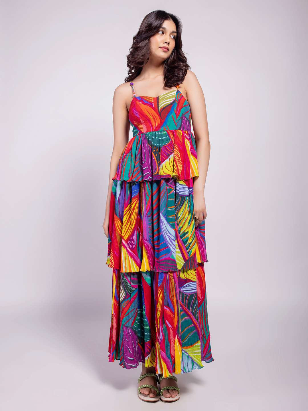 Leafora Printed Ruffled Dress
