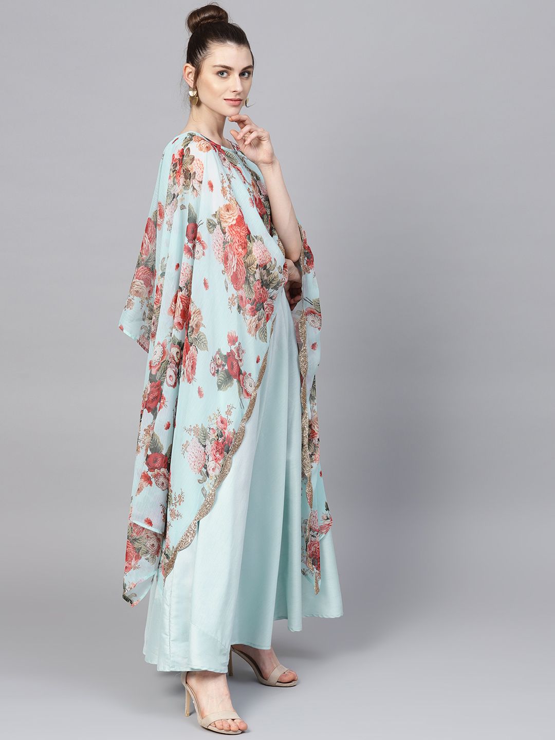 Aqua Blue Poly Silk Kurta With Attached Printed Dupatta