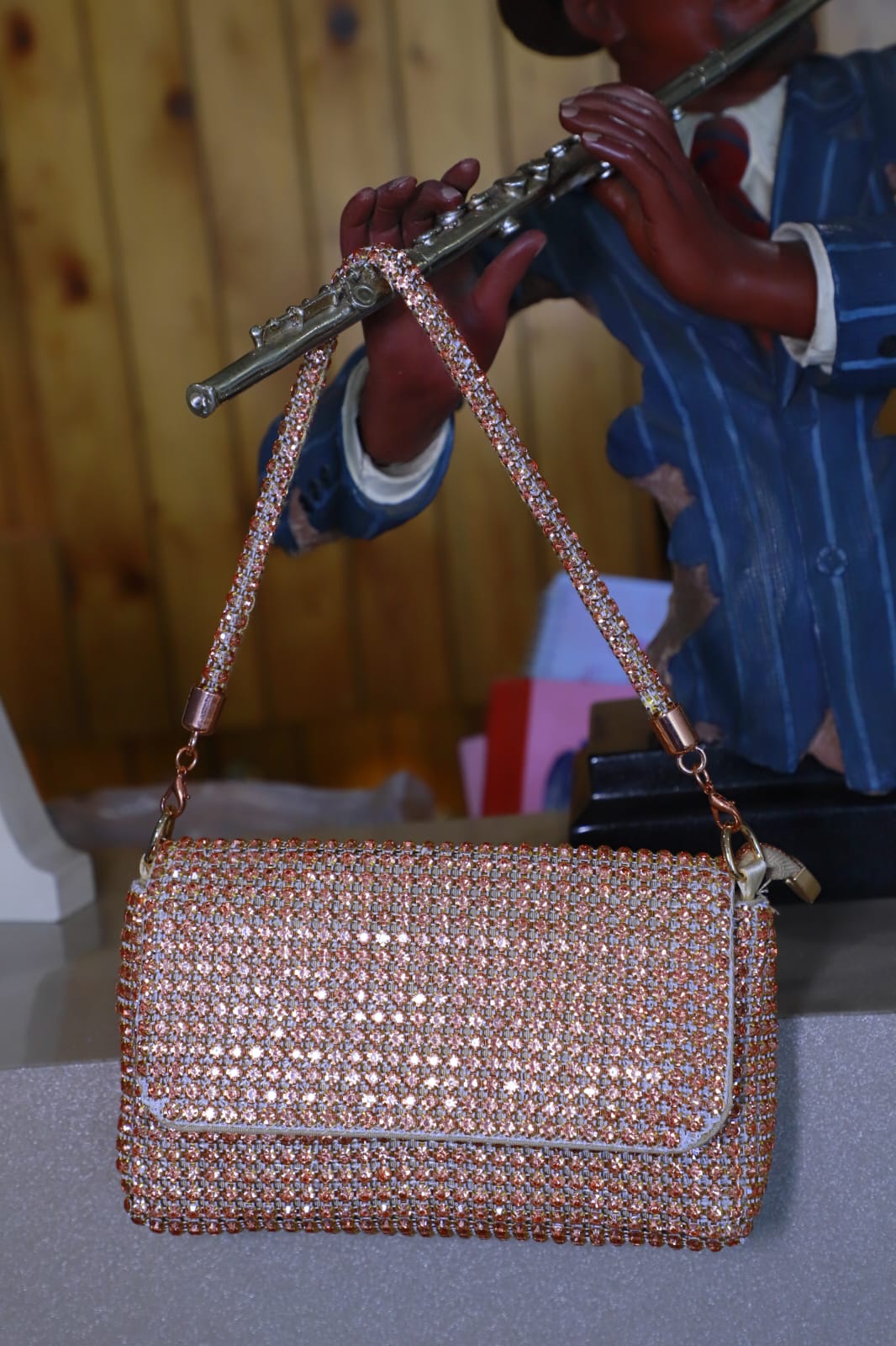 Swarovski Work Heavy Embroidery Rexin Flip Open Rose Gold Women Handbag