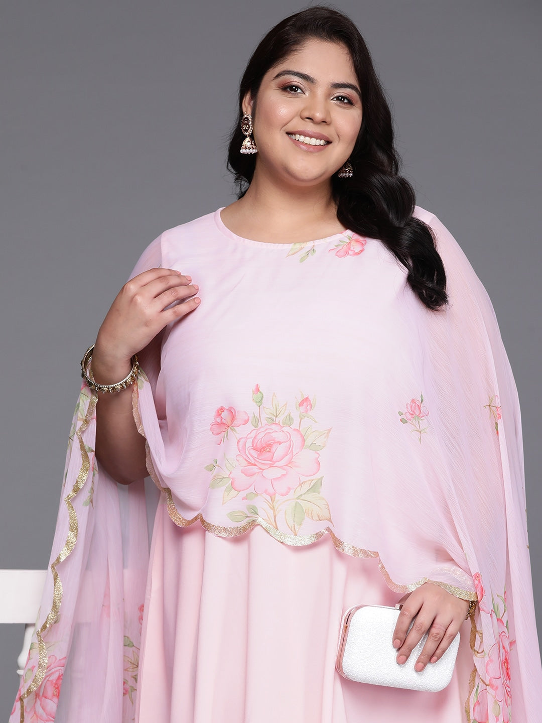 Plus Size Floral Printed Cape Sleeves Layered Ethnic Gown