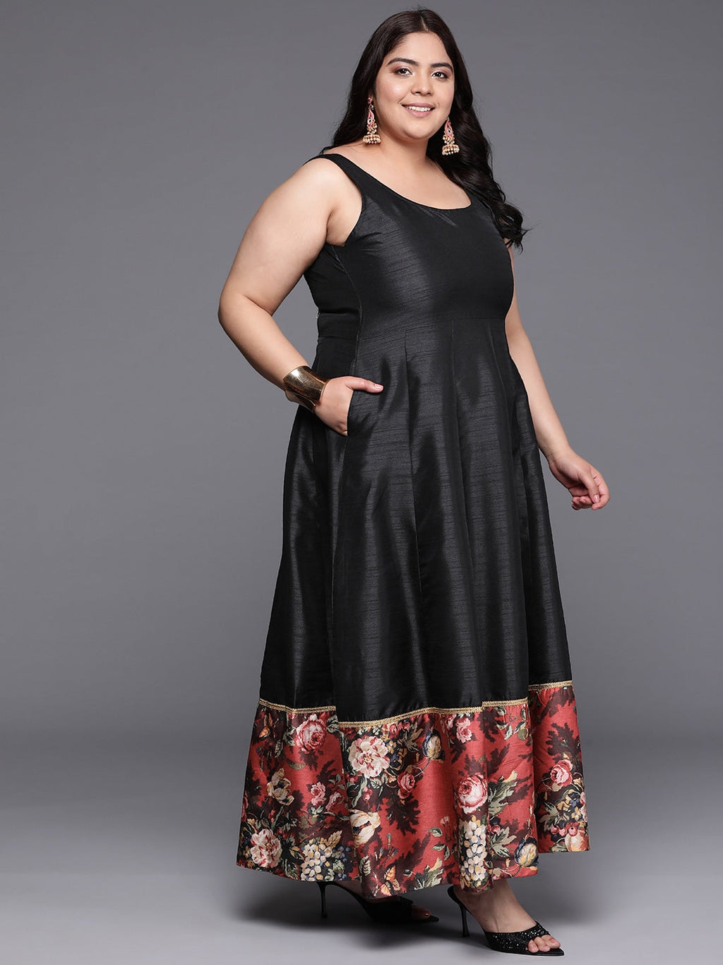 Plus Size Floral Printed Fit & Flare Maxi Ethnic Dress-AH
