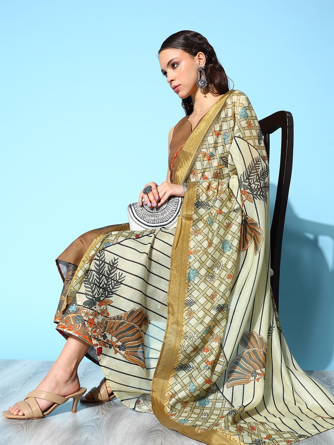 Brown Pure Cotton Blend Digital Printed Kurta Palazzo Set With Dupatta