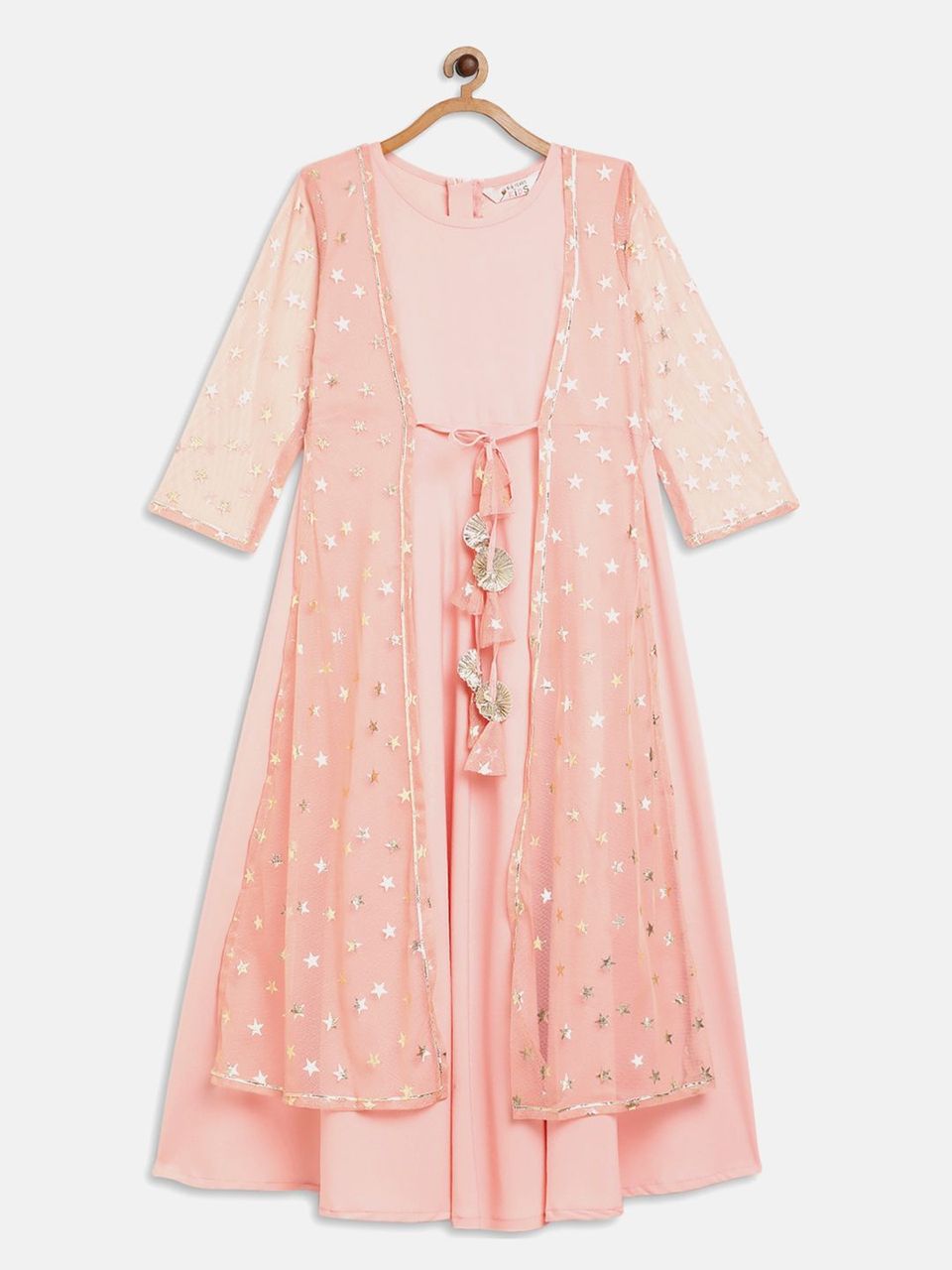 Pink Crepe & Net Foil Print Girls Dress