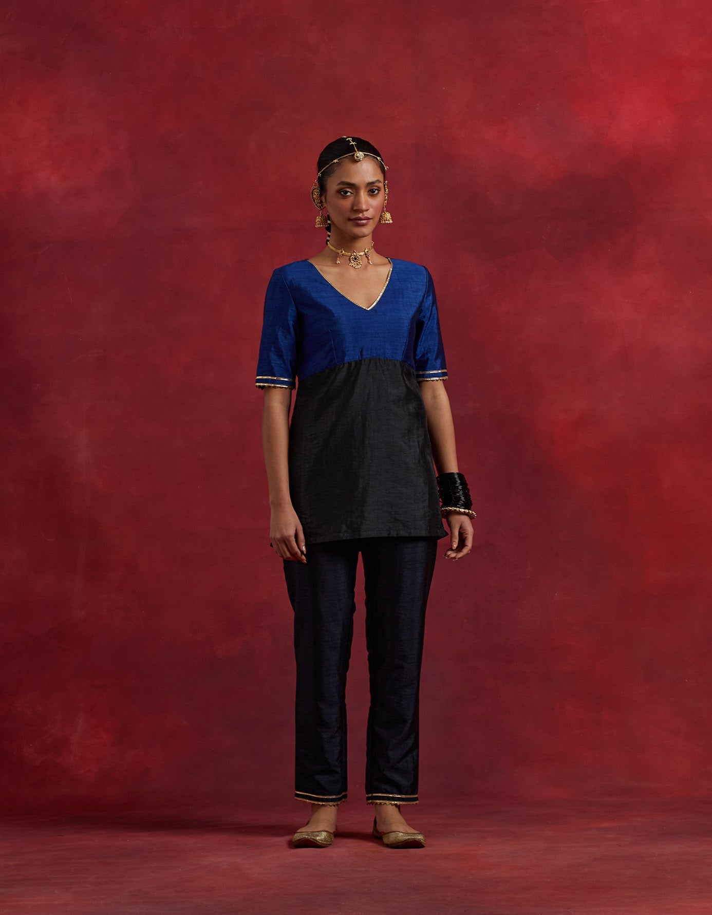 Blue Black Raw Silk Sadhna Kurta Set (Set Of 2)