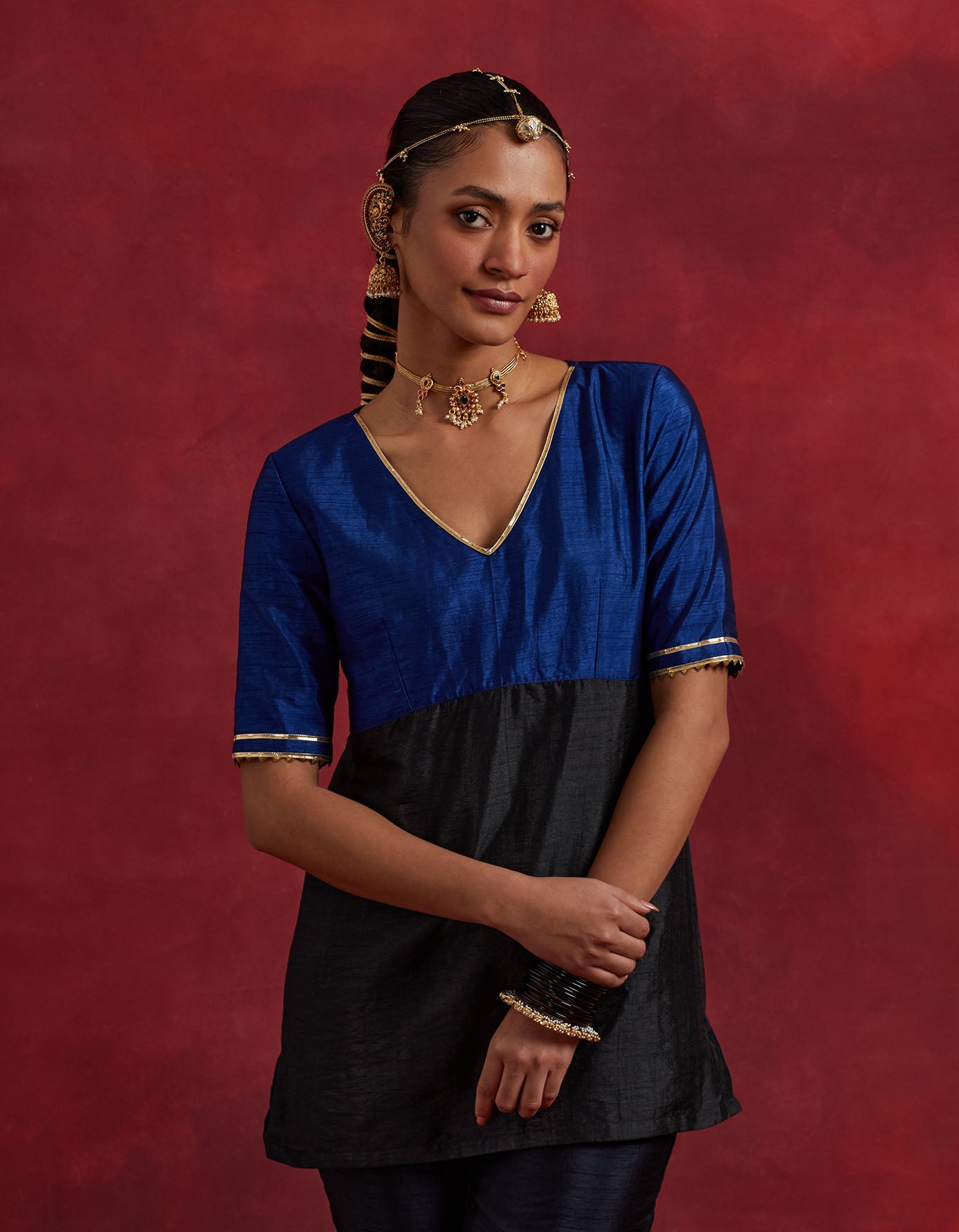 Blue Black Raw Silk Sadhna Kurta Set (Set Of 2)