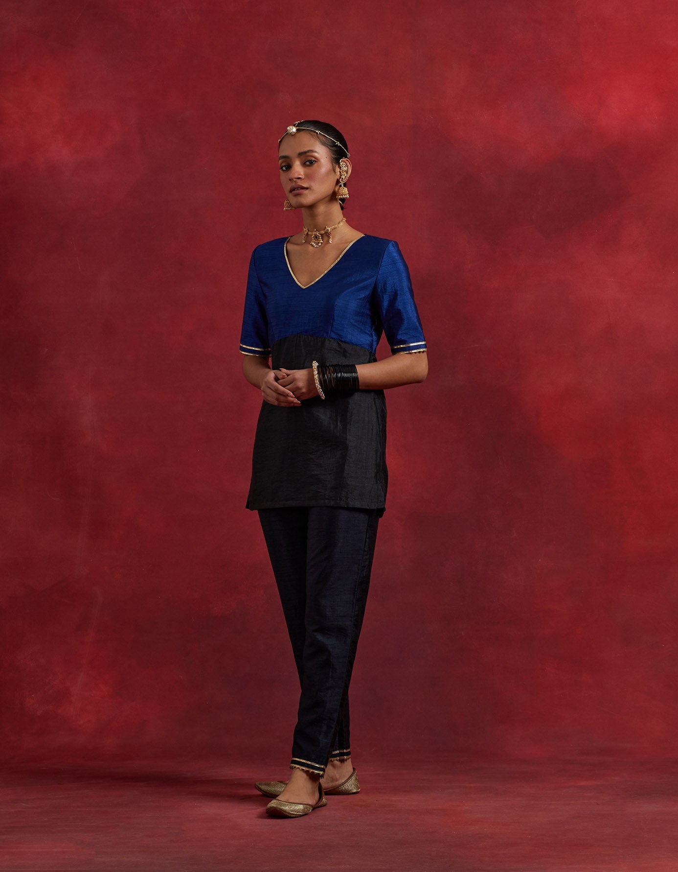 Blue Black Raw Silk Sadhna Kurta Set (Set Of 2)