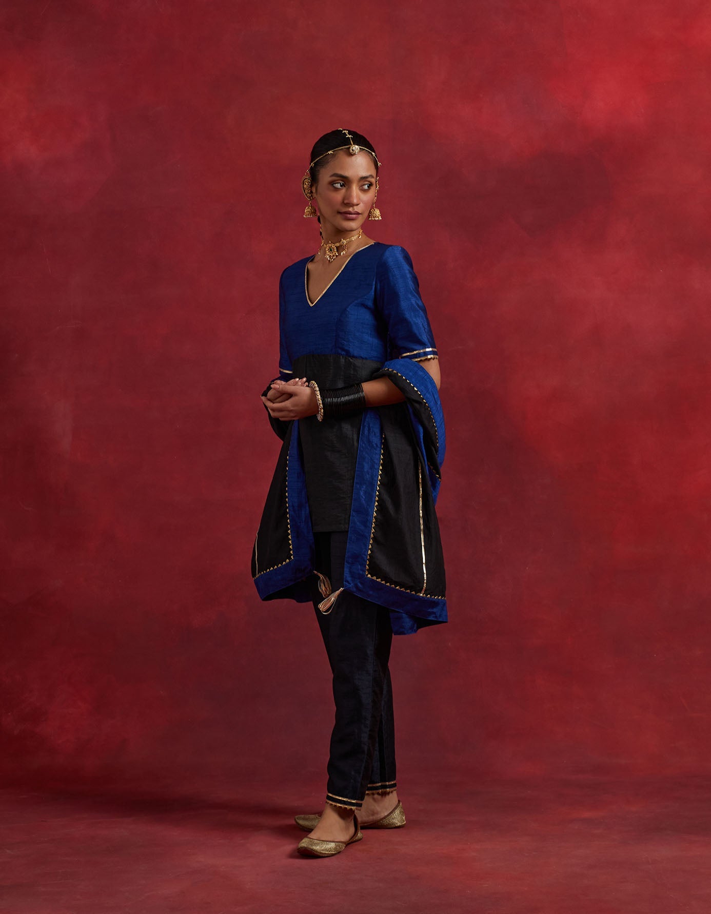 Blue Black Raw Silk Sadhna Kurta Set (Set Of 2)