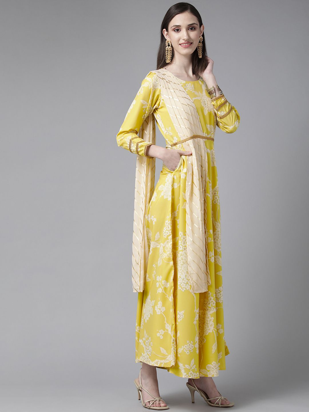 Yellow Digital Printed Draped Dress
